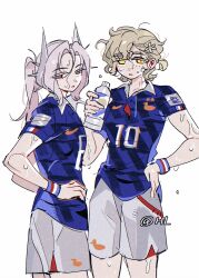  2girls blonde_hair bottle commentary flag_print flower flying_sweatdrops france french_flag french_flag_print french_national_soccer_team_uniform green_eyes grey_eyes grey_hair hair_flower hair_ornament highres hl_(iamawhitehippo) multiple_girls number_print reverse:1999 shorts soccer_uniform sportswear sweat water_bottle white_background white_shorts wristband 