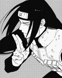  1boy black_hair black_headband closed_mouth commentary_request facial_mark flak_jacket furrowed_brow grey_hair headband highres hyuuga_neji jacket konohagakure_shinobi_uniform konohagakure_symbol korean_commentary light_frown long_hair m0_mo_momo male_focus naruto_(series) naruto_shippuuden screentones solo upper_body veiny_face 