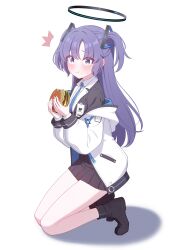  1girl :t ^^^ absurdres ankle_boots black_boots black_skirt blue_archive blue_eyes blue_necktie boots breasts bright_pupils burger closed_mouth collared_shirt commentary dress_shirt eating embarrassed food food_bite food_on_face full_body furrowed_brow hair_ornament halo hands_up highres holding holding_burger holding_food id_card jacket kneeling layered_sleeves legs_together littlefunny long_hair long_sleeves looking_at_viewer mechanical_halo medium_breasts millennium_science_school_logo miniskirt necktie nervous_smile off_shoulder open_clothes open_jacket parted_bangs pleated_skirt puffy_long_sleeves puffy_sleeves purple_hair red_pupils shadow shirt simple_background skirt skirt_suit sleeve_cuffs smile solo suit sweat triangle_hair_ornament two-sided_fabric two-sided_jacket two_side_up wavy_mouth white_background white_jacket white_shirt wide-eyed yuuka_(blue_archive) 