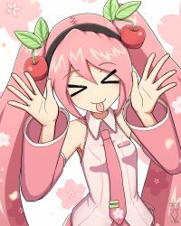  >_< 1girl :p bare_shoulders black_hairband blush breasts cherry_hair_ornament closed_eyes closed_mouth collared_shirt commentary_request detached_sleeves digiral double-parted_bangs facing_viewer food-themed_hair_ornament hair_ornament hairband hands_up hatsune_miku highres long_hair long_sleeves necktie pink_hair pink_necktie pink_shirt pink_sleeves sakura_miku shirt sleeveless sleeveless_shirt small_breasts solo tie_clip tongue tongue_out twintails upper_body vocaloid 