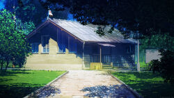  arsenixc blue_sky cabin cobblestone day grass lamppost no_humans original outdoors path railing realistic scenery shade sky stairs tree window 