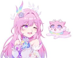  1girl bare_shoulders breasts chimera_(honkai:_star_rail) commentary_request cyrene_(demiurge)_(honkai:_star_rail) cyrene_(honkai:_star_rail) diamond-shaped_pupils diamond_(shape) dress flower gon_zalez0221 hair_flower hair_ornament highres honkai:_star_rail honkai_(series) long_hair medium_breasts multicolored_hair one_eye_closed pink_hair simple_background solo symbol-shaped_pupils two-tone_hair very_long_hair violet_eyes white_background white_dress white_hair 