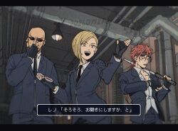  1girl 2boys adjusting_eyewear bald baton_(weapon) black_border black_gloves black_jacket black_necktie black_pants black_suit blonde_hair border breasts brown_eyes checking_watch collared_shirt dirty dirty_face elena_(ff7) facial_mark final_fantasy final_fantasy_vii fingerless_gloves gloves goggles goggles_on_head holding holding_baton_(weapon) holding_weapon industrial_pipe jacket letterboxed low_ponytail multiple_boys necktie open_mouth over_shoulder pants ponytail red_hair reno_(ff7) rude_(ff7) sharp_na_ago shirt short_hair small_breasts smile suit suit_jacket sunglasses twintails upper_body video_game_dialogue_box watch watch weapon weapon_over_shoulder white_shirt 