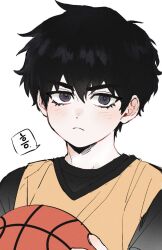  @_@ aged_down ball basketball_(object) basketball_jersey black_eyes black_hair black_shirt blush choi_jongsu close-up garbage_time holding holding_ball korean_text light_blush lower_eyelashes_only male_focus messy_hair shirt short_hair simple_background speech_bubble translation_request ununtied upper_body white_background 