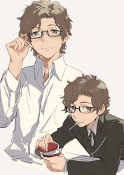  1boy adjusting_eyewear black-framed_eyewear black_jacket black_ribbon brown_eyes brown_hair closed_mouth commentary_request cropped_torso dress_shirt fork gekkoukan_high_school_uniform glasses hiraga_keisuke isa_(peien516) jacket looking_at_viewer male_focus multiple_views neck_ribbon persona persona_3 rectangular_eyewear ribbon school_uniform shirt short_hair simple_background solo_focus upper_body utensil_in_mouth white_background white_shirt 