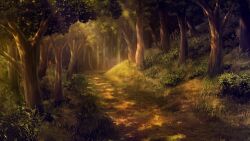  absurdres artist_request bush dappled_sunlight forest game_asset grass highres light_rays nature no_humans non-web_source outdoors path scenery sunbeam sunlight third-party_source touhou touhou_spell_carnival tree twilight 