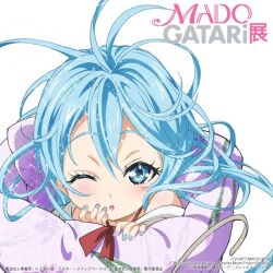  1girl blue_eyes blue_hair blush commentary_request denpa_onna_to_seishun_otoko hair_spread_out long_hair looking_at_viewer nail_polish nishida_asako off_shoulder official_art one_eye_closed open_mouth second-party_source simple_background solo touwa_erio very_long_hair white_background 