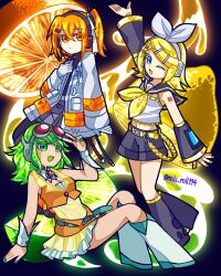  3girls a.i._voice adachi_rei android arm_up belt black_sailor_collar black_shirt blonde_hair blue_eyes bow breasts commentary detached_sleeves english_commentary food fruit gloves goggles goggles_on_head green_eyes green_hair gumi hair_bow hair_ornament hairclip headphones headset highres jacket kagamine_rin leg_warmers lemon looking_at_viewer maki_roll114 medium_breasts midriff multiple_girls neckerchief number_tattoo one_eye_closed one_side_up open_clothes open_jacket open_mouth orange_(fruit) orange_eyes orange_hair orange_jacket parallel_hairclips red-tinted_eyewear red_goggles ribbon sailor_collar shirt shoes short_hair short_hair_with_long_locks sitting sleeveless sleeveless_shirt small_breasts tattoo tinted_eyewear treble_clef utau v vocaloid white_bow white_gloves white_jacket white_ribbon white_shirt white_shoes yellow_belt yellow_nails yellow_neckerchief yellow_trim 