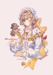  1girl black_hat blue_eyes bonnet brown_hair cake cake_slice collarbone commentary cropped_torso food fork frilled_nightgown fruit genshin_impact hair_down hat highres holding holding_cake holding_food holding_fork holding_plate long_hair long_sidelocks looking_at_viewer nightgown one_eye_closed pajamas plate pulonia_(genshin_impact) ribbon sandrone_(genshin_impact) sandrone_(the_final_gift)_(genshin_impact) sidelocks simple_background solo strawberry strawberry_cake upper_body white_background white_bonnet white_gown white_nightgown white_pajamas yellow_ribbon yizhixiaopomao 