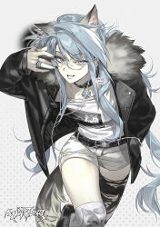  1girl absurdres animal_ears artist_name black_choker black_jacket black_thighhighs blue_hair blue_nails choker cowboy_shot ear_piercing earrings glasses hair_intakes halftone halftone_background hand_up highres jacket jewelry knee_pads long_hair long_sleeves looking_at_viewer nail_polish open_clothes open_jacket original parted_lips piercing ring shirt short_shorts shorts single_thighhigh solo tail thigh-highs torn_clothes torn_thighhighs wait7until white-framed_eyewear white_background white_shirt white_shorts wolf_ears wolf_girl wolf_tail 