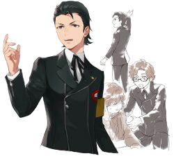  1girl 2boys armband black-framed_eyewear black_hair black_ribbon brown_hair commentary_request cropped_torso dress_shirt gekkoukan_high_school_uniform hiraga_keisuke isa_(peien516) male_focus multiple_boys neck_ribbon odagiri_hidetoshi open_mouth persona persona_3 rectangular_eyewear ribbon school_uniform shirt short_hair simple_background white_background white_shirt yellow_armband 