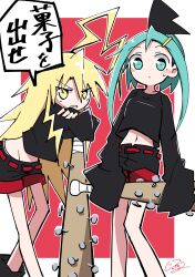  2girls absurdres ahoge aqua_eyes aqua_hair baseball_bat belt black_ribbon black_shirt black_shorts blonde_hair blush border breasts choppy_bangs clenched_teeth closed_mouth commentary_request cowboy_shot delinquent denkou_setsuka feet_out_of_frame forehead generalcanon hair_ornament hair_ribbon hairclip highres hip_bones kaidou_mai leaning_on_weapon long_hair long_sidelocks long_sleeves looking_at_viewer matching_outfits medium_breasts midriff_peek multiple_girls nail_(hardware) navel open_mouth original outside_border raised_eyebrows red_background red_belt ribbon shirt shorts sidelocks sideways_glance simple_background sleeves_past_fingers sleeves_past_wrists speech_bubble standing sweatdrop teeth thighs translation_request very_long_hair white_border yellow_eyes 