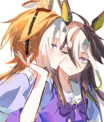  2girls ahoge animal_ear_piercing animal_ears blue_eyes bow breasts brown_hair chinese_commentary colored_inner_animal_ears colored_inner_hair commentary_request curtained_hair dream_journey_(umamusume) ear_covers eyewear_strap from_side grey-framed_eyewear hair_between_eyes hair_ornament hand_on_another's_cheek hand_on_another's_face highres horse_ears horse_girl long_hair looking_at_another majiaoyuu multicolored_hair multiple_girls orange_hair orfevre_(umamusume) portrait puffy_short_sleeves puffy_sleeves purple_bow sailor_collar school_uniform short_sleeves siblings simple_background single_ear_cover sisters small_breasts smile streaked_hair summer_uniform tassel tassel_hair_ornament tinted_eyewear tracen_school_uniform umamusume violet_eyes white_background white_sailor_collar white_streaks yellow-tinted_eyewear 
