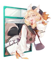  1girl animal_ear_fluff animal_ears argyle_clothes argyle_sweater arknights arknights:_endfield black_hat blonde_hair blush brown_sweater_vest commentary cowboy_shot erhuo happy hat highres long_sleeves medium_hair open_mouth rossi_(arknights) simple_background skirt solo sweater sweater_vest tail through_window untranslatable_commentary white_background white_skirt wolf_ears wolf_girl wolf_tail yellow_eyes 
