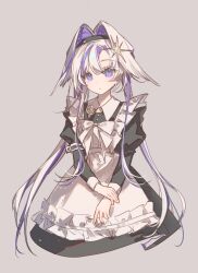  1girl :o apron black_dress blue_eyes blue_hair bow bowtie chinese_commentary colored_inner_hair commentary_request cropped_legs dress grey_background hair_intakes hair_ornament highres holding_own_wrist juliet_sleeves long_sleeves looking_at_viewer multicolored_hair prototype_design puffy_sleeves reverse:1999 school_uniform solo soviet_school_uniform star_(symbol) star_hair_ornament tansuangai_fenmo twintails voyager_(reverse:1999) white_apron white_bow white_bowtie white_hair 