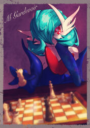  1girl absurdres alternate_color black_dress black_gloves blue_hair board_game bob_cut character_name chess chess_piece colored_skin commentary_request dress elbow_gloves gardevoir gloves hair_over_one_eye hand_rest highres looking_at_viewer mega_gardevoir mega_pokemon playing_chess pokemon pokemon_(creature) red_eyes shiny_pokemon tkm_kafka white_skin 