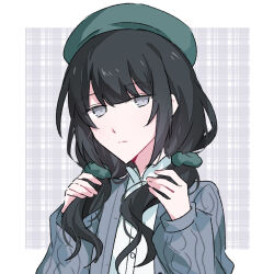  1girl beret book_off border cardigan closed_mouth commentary green_hat grey_cardigan grey_eyes hair_ornament hair_scrunchie hat highres kurobe_nanoka long_hair looking_at_viewer mahou_shoujo_no_majo_saiban official_alternate_costume plaid_background scrunchie shirt sidelocks simple_background solo touming_jun untranslatable_commentary upper_body white_border white_shirt 
