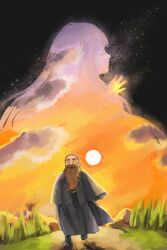  1boy 1girl beard brown_hair commentary_request cucare8848 denken_(sousou_no_frieren) facial_hair highres lekture_(sousou_no_frieren) monocle mustache outdoors sousou_no_frieren sun sunset 