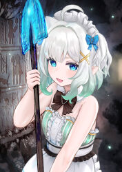  1girl absurdres bare_shoulders black_bow black_bowtie blue_bow blue_eyes bow bowtie commentary densetsu.exe dimensionless88 dress english_commentary gradient_hair green_hair hair_bow hair_ornament highres holding holding_shovel looking_at_viewer maid maid_headdress medium_hair mint_fantome mint_fantome_(minto_2.0) multicolored_hair open_mouth pointy_ears shovel sleeveless solo triangular_headpiece virtual_youtuber white_hair x_hair_ornament 