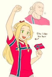  1boy 1girl 2026_fifa_world_cup blonde_hair bow dungeon_meshi elf erling_haaland green_eyes hair_bow highres long_hair marcille_donato norway norwegian_flag norwegian_flag_print pointy_ears real_life thebabalgam world_cup 