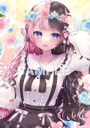  1girl balloon black_hair black_ribbon black_skirt blue_flower breasts center_frills commentary_request flower flower_wreath frills highres looking_at_viewer lower_teeth_only morino_wako multicolored_hair official_art pink_flower pink_hair ribbon sample_watermark second-party_source skirt solo split-color_hair streaked_hair suspender_skirt suspenders tachibana_hinano tachibana_hinano_(1st_costume) teeth tongue two-tone_hair violet_eyes virtual_youtuber vspo! watermark white_flower 
