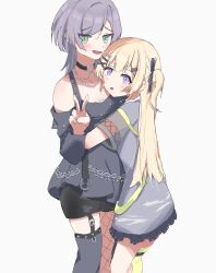  2girls absurdres bang_dream! bang_dream!_our_notes black_choker black_dress black_ribbon black_shorts blonde_hair choker commentary dress fishnet_pantyhose fishnets green_eyes grey_hair grey_shirt hair_ornament hair_ribbon hairclip highres long_hair long_sleeves medium_hair multiple_girls o-ring o-ring_choker off-shoulder_dress off_shoulder open_mouth pantyhose ribbon shinomiya_shizuku shirt shorts simple_background single_leg_pantyhose single_thighhigh thigh-highs two_side_up untranslatable_commentary v violet_eyes warp44717 white_background yakura_yomogi yuri 