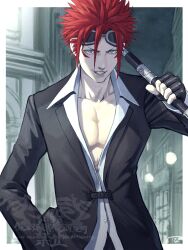  1boy 5tatsu artist_name baton_(weapon) black_gloves black_jacket border collarbone collared_shirt commentary_request facial_mark final_fantasy final_fantasy_vii fingerless_gloves gloves goggles goggles_on_head hair_between_eyes hand_in_pocket highres holding holding_baton_(weapon) holding_weapon jacket male_focus open_clothes open_shirt parted_bangs parted_lips pectorals red_hair reno_(ff7) shirt short_hair smile solo spiky_hair suit_jacket upper_body weapon white_border white_shirt 