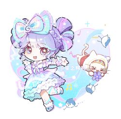  >_< 1girl ankle_ribbon back_bow bare_shoulders beads blue_bow blue_bowtie blue_dress blue_ribbon blue_wrist_cuffs bow bow-shaped_hair bowtie braid cherilynorz chibi chinese_commentary cloak collar commentary_request detached_collar dot_nose double_bun dress drumbeat_wonders_(infinity_nikki) ear_covers eyelashes floating flower footwear_bow frilled_dress frilled_sleeves frilled_wrist_cuffs frills hair_beads hair_bow hair_bun hair_ornament half_up_half_down_braid hand_up happy headband heart heart_background highres holding holding_flower hood hood_up hooded_cloak infinity_nikki jewel_under_eye large_bow leg_ribbon light_particles looking_at_viewer medium_dress momo_(nikki) multicolored_hair multicolored_headband musical_note musical_note_hair_ornament night_heron_(infinity_nikki) nikki_(series) off-shoulder_dress off_shoulder official_alternate_costume open_mouth outstretched_arm purple_bow purple_dress purple_flower purple_hair purple_shoes purple_wrist_cuffs red_sash ribbon sash shoes short_hair short_sleeves smile socks sparkle star_(symbol) star_in_eye streaked_hair striped_bow striped_clothes striped_dress symbol_in_eye treble_clef two-tone_dress two-tone_wrist_cuffs vertical-striped_clothes vertical-striped_dress violet_eyes waist_sash whiskers white_background white_cloak white_collar white_socks wrist_cuffs 