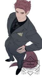  1boy animal_ears black_shirt black_shoes breast_pocket closed_mouth commentary_request dress_shoes grey_jacket grey_pants grey_suit highres jacket layered_sleeves long_sleeves looking_at_viewer love_and_deepspace male_focus pants pocket pocket_square red_hair sano_maru shirt shoes short_hair short_sideburns sideburns simple_background smile solo standing suit suit_jacket suit_pants tail valko_(love_and_deepspace) very_short_hair watermark white_background wolf_boy wolf_ears wolf_tail 