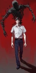  1boy ajin_(sakurai_gamon) belt black_hair blue_pants brown_hair daxawddc highres ibm_(ajin) looking_at_viewer nagai_kei pants red_background school_uniform shadow shirt short_hair short_sleeves white_shirt 
