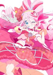  1girl blue_eyes bow bow-shaped_hair bow_choker breasts choker commentary_request crop_top cure_idol cure_idol_(idol_heart_ribbon_style) detached_sleeves earrings fingerless_gloves gloves grin hair_between_eyes hair_ribbon hairband headset heart heart-shaped_hair heart_earrings highres jewelry kimi_to_idol_precure long_hair looking_at_viewer magical_girl midriff multicolored_hair navel one_eye_closed pink_hair pointing pointing_at_self precure puffy_detached_sleeves puffy_sleeves red_bow red_choker red_hair red_ribbon red_shirt red_skirt ribbon sakura_uta_(precure) serizawa_serizane shirt simple_background skirt small_breasts smile solo streaked_hair two-tone_hair two_side_up undershirt very_long_hair white_background white_sleeves yellow_gloves yellow_hairband 