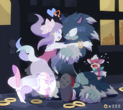  1girl 2boys animal_nose black_nose blue_eyes blue_fur chip_(sonic) commentary english_commentary fangs fingernails furry furry_male ghost ghost_girl ghost_tail green_eyes hedgehog_boy jewelry kekani multiple_boys raa_(sonic) red_shoes ring_(sonic) sharp_fingernails shoes sonic:_night_of_the_werehog sonic_(series) sonic_the_hedgehog sonic_the_werehog sonic_unleashed spiked_shoes spikes su_(sonic) uh_(sonic) werehog 