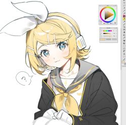  1girl ? art_program_in_frame black_jacket black_sailor_collar blonde_hair blue_eyes blush bow closed_mouth color_picker color_wheel commentary hair_bow hair_ornament hair_ribbon hairclip headphones headset highres jacket kagamine_rin looking_at_viewer makka_potato microphone multicolored_jacket neckerchief parallel_hairclips ribbon sailor_collar short_hair sketch smile solo speech_bubble spoken_question_mark treble_clef two-tone_jacket vocaloid white_bow window_(computing) yellow_jacket yellow_neckerchief yellow_trim 