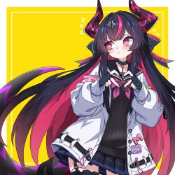  1girl black_choker black_gloves blush bow bowtie choker collarbone commentary dragon_girl dragon_horns dragon_tail english_commentary fingerless_gloves flying_sweatdrops gloves hair_between_eyes hair_bow head_tilt heart heart_hands highres horns jacket kira_i long_hair long_sleeves looking_to_the_side multicolored_eyes multicolored_hair neverness_to_everness open_clothes open_jacket purple_hair red_eyes sailor_collar school_uniform shade shinku_(nte) shinku_(student_of_terrasea)_(nte) skirt solo standing streaked_hair tail thigh_strap two-tone_hair upper_body yellow_background 