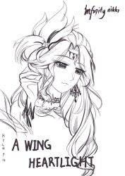  1girl :3 absurdres aegyo_sal bare_shoulders bead_choker beads character_name chinese_commentary choker circlet commentary_request copyright_name cropped_torso dawning_heartlight_(infinity_nikki) detached_sleeves earrings eyes_visible_through_hair feather_hair_ornament feather_sleeves feathers greyscale hair_ornament haiyang_liuhuo hand_in_own_hair happy highres infinity_nikki jewelry long_eyelashes looking_ahead monochrome nikki_(series) parted_bangs signature simple_background sketch solo star_(symbol) star_choker white_background wrist_cuffs 