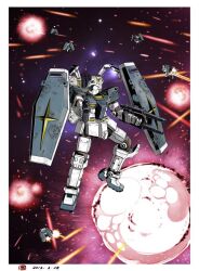  2012 artist_logo assault_visor commentary_request dated earth_federation_space_forces energy_beam energy_gun explosion extra_arms gm_(thunderbolt) green_visor gun gundam gundam_thunderbolt holding holding_energy_gun holding_gun holding_weapon logo mecha mobile_suit no_humans official_art ohtagaki_yasuo robot science_fiction shield space thrusters weapon 