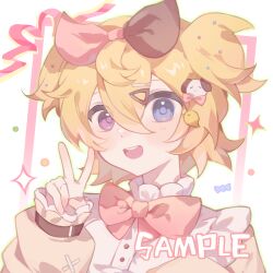  1girl :d blonde_hair blue_eyes blush bow bowtie brown_bow commission dog_hair_ornament double-parted_bangs frilled_sleeves frills hair_between_eyes hair_bow hair_ornament hairclip hand_up heterochromia huolala_neiku_chaofan jacket long_sleeves looking_at_viewer mihuashi_commission open_clothes open_jacket open_mouth original parallel_hairclips pink_bow pink_bowtie pink_eyes portrait sample_watermark shirt short_hair sleeves_past_wrists smile solo sparkle teeth two-tone_bow two_side_up upper_teeth_only v watermark white_shirt yellow_jacket 