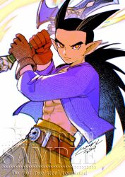  1boy 2026 abs artist_name black_hair commentary cowboy_shot dragon_quest dragon_quest_builders_2 fighting_stance furrowed_brow gloves hair_horns hakama hakama_pants highres holding holding_sword holding_weapon jacket japanese_clothes long_hair low_ponytail male_focus midriff mouyi open_clothes open_jacket orange_hakama pants pointy_ears ponytail purple_jacket red_eyes red_gloves sample_watermark sidoh_(dqb2) signature skull_belt solo sword upper_body watermark weapon 