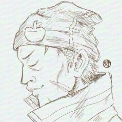  1boy beanie closed_eyes closed_mouth commentary_request from_side hat kyokugen_dasshutsu kyokugen_dasshutsu:_9_jikan_9_nin_9_no_tobira male_focus mature_male monochrome otogiku portrait scar scar_on_cheek scar_on_face seven_(kyokugen_dasshutsu) short_hair simple_background solo twitter_username watermark white_background 