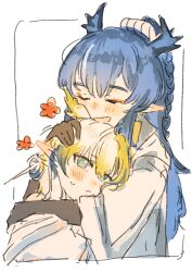  2girls arknights black_skin blonde_streaks blue_hair blue_streaks blush braid closed_eyes colored_extremities colored_skin commentary_request dragon_girl dragon_horns earrings headpat horns jacket jewelry ling_(arknights) long_hair multicolored_hair multiple_girls open_mouth pointy_ears shu_(arknights) siblings sisters smile streaked_hair sweatdrop tassel tassel_earrings upzo2nwdol21183 white_hair white_jacket white_streaks 