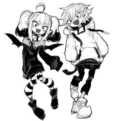  1boy 1girl :d ahoge commentary_request demon_wings dress fang greyscale hair_between_eyes hands_in_pockets hood hood_down hoodie long_hair long_sidelocks looking_at_viewer makaino_ririmu makaino_ririmu_(2nd_costume) monochrome nijisanji off-shoulder_dress off_shoulder open_mouth oshaka_(haguki) pants pantyhose pointy_ears shoes short_dress short_hair side-by-side sidelocks simple_background sketch skin_fang sleeves_past_fingers sleeves_past_wrists smile striped_clothes striped_pantyhose twintails uzuki_kou uzuki_kou_(2nd_costume) virtual_youtuber wavy_mouth wings 