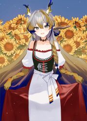  1girl :d absurdres alternate_costume arknights bare_shoulders blonde_hair bow braid collarbone colored_extremities commentary_request dirndl dr.lamina dragon_girl dragon_horns dress flower german_clothes green_eyes grey_hair hair_between_eyes hair_bow hair_intakes highres holding_own_dress horns jewelry light_blush light_particles long_hair looking_at_viewer multicolored_hair necklace open_mouth partial_commentary pointy_ears purple_hair red_dress short_sleeves shu_(arknights) smile solo sunflower very_long_hair white_bow white_dress 