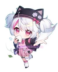  1girl absurdres animal_hat black_hat black_jacket black_shoes bow bowtie cat_hat chibi chibi_only commission flying_sweatdrops food full_body gingham_clothes gingham_skirt hat hat_bow highres holding holding_food jacket kneehighs layered_sleeves leaf leg_warmers long_sleeves looking_at_viewer mihuashi_commission multicolored_hair onigiri open_clothes open_jacket original outstretched_arm paper pink_bow pink_bowtie pink_eyes pink_skirt pink_socks pink_streaks pink_sweater pleated_skirt polka_dot polka_dot_bow polka_dot_bowtie shoes short_hair simple_background single_kneehigh single_sock single_thighhigh skirt socks solo standing standing_on_one_leg streaked_hair sweater swept_bangs test_score thigh-highs two_side_up white_background white_hair white_leg_warmers white_thighhighs xuexue_shuidajiao 