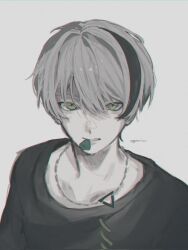  1girl alternate_hair_length_(shorter) androgynous artist_name black_shirt black_streaks bloom_festival_(project_sekai) commentary corrupted_twitter_file green_eyes grey_background grey_hair hair_between_eyes highres hinomori_shiho jewelry looking_at_viewer mouth_hold multicolored_hair necklace official_alternate_costume official_alternate_hairstyle parted_lips plectrum plectrum_in_mouth project_sekai reverse_trap shaded_face shirt short_hair sidelocks simple_background solo streaked_hair tsurime two-tone_hair ugomizu upper_body 