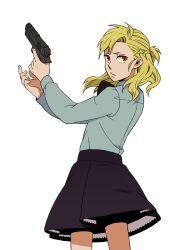  1girl black_skirt blonde_hair braid commentary_request cowboy_shot crown_braid from_side gangsta gun handgun holding holding_gun holding_weapon lips looking_at_viewer loretta_cristiano_amodio mikey_uo miniskirt red_eyes skirt solo weapon 