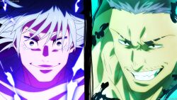  2boys absurdres blue_eyes blue_hair brown_eyes closed_mouth cursed_energy_(jujutsu_kaisen) facial_hair hakari_kinji highres jujutsu_kaisen kashimo_hajime magimeoka multiple_boys muscular muscular_male pink_hair 