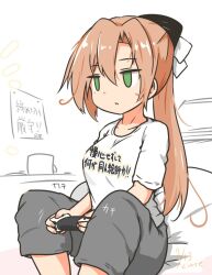  1girl akigumo_(kancolle) akigumo_kai_ni_(kancolle) alternate_costume bed black_panties brown_hair clothes_writing commentary_request controller cup curse_(023) feet_out_of_frame game_controller green_eyes kantai_collection long_hair mug panties playing_games playing_video_games ponytail shirt solo t-shirt translation_request underwear white_shirt 