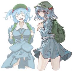  2girls ^_^ artist_collaboration backpack bag blue_eyes blue_hair blue_shirt blue_skirt closed_eyes closed_mouth collared_shirt commentary_request dual_persona facing_viewer frilled_shirt_collar frills green_hat hair_bobbles hair_ornament hat highres kanaria_(bcomn) kawashiro_nitori key long_sleeves looking_at_viewer medium_hair multiple_girls open_mouth paint_chat_(medium) shirt simple_background skirt smile tomura_amane touhou translation_request two_side_up white_background 