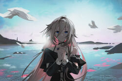  1girl absurdres artist_name bare_shoulders bird black_choker black_shirt blonde_hair blue_eyes choker closed_mouth clouds collarbone commentary_request crying crying_with_eyes_open expressionless highres ia_(vocaloid) jewelry long_hair looking_at_viewer multicolored_hair off-shoulder_shirt off_shoulder outdoors own_hands_together pink_hair ring seagull shirt solo tears two-tone_hair upper_body vocaloid ztianyoshino 