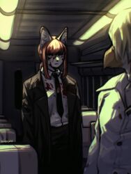  1boy 1girl animal_ears animal_nose arms_at_sides artist_name black_jacket black_necktie black_pants blood blood_on_clothes blood_on_face blurry blurry_foreground chainsaw_man closed_mouth collared_shirt comic_panel_redraw derivative_work expressionless formal_clothes furrification furry furry_female furry_male highres indoors jacket long_hair long_sleeves looking_at_another makima_(chainsaw_man) necktie open_clothes open_jacket orange_eyes orange_hair pants shirt sidelocks signature solo_focus spuydjeks suit train_interior white_shirt 